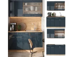 Vicco Fame-Line Singleküche Dunkelblau Hochglanz/Goldkraft Eiche 140 cm AP Marmor ohne E-Geräte