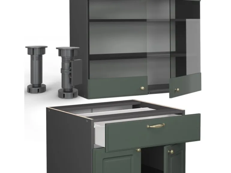 Vicco Fame-Line Singleküche Grün-Gold Landhaus/Anthrazit 140 cm ohne Arbeitsplatte ohne E-Geräte