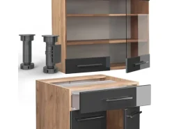 Vicco Fame-Line Singleküche Anthrazit Hochglanz/Goldkraft Eiche 140 cm AP Marmor ohne E-Geräte