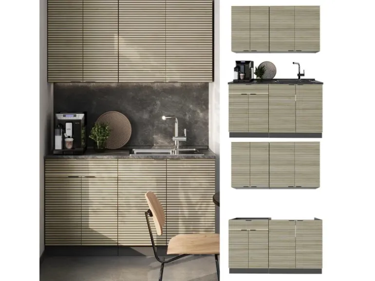 Vicco Fame-Line Singleküche Eiche Paneel/Anthrazit 140 cm AP Marmor ohne E-Geräte