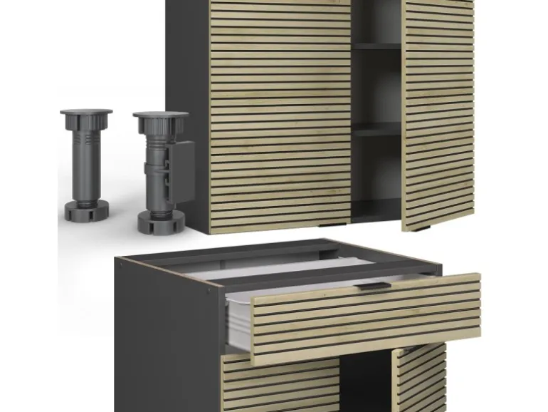 Vicco Fame-Line Singleküche Eiche Paneel/Anthrazit 140 cm AP Marmor ohne E-Geräte