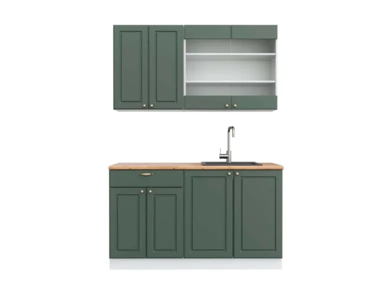 Vicco Fame-Line Singleküche Grün-Gold Landhaus/Weiß 140 cm AP Eiche ohne E-Geräte