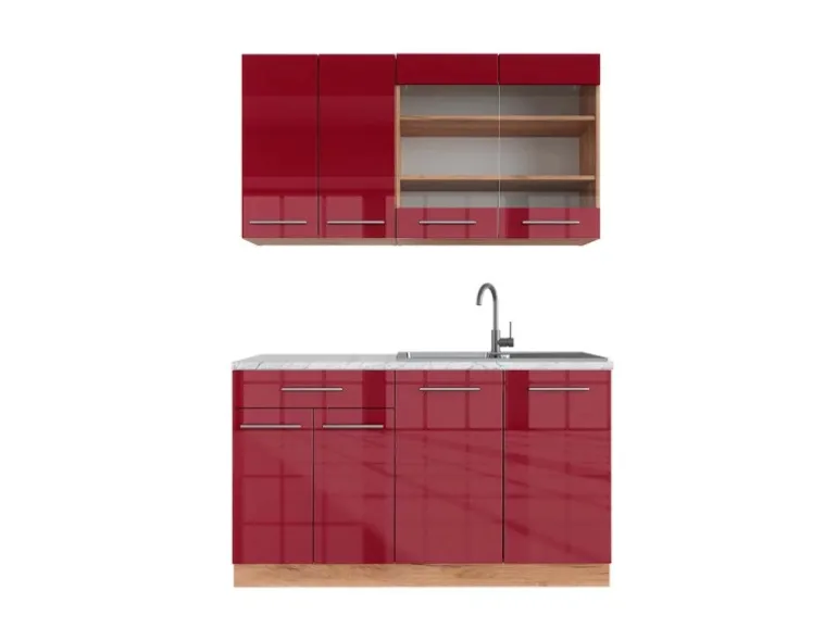 Vicco Fame-Line Singleküche Bordeaux Hochglanz/Goldkraft Eiche 140 cm AP Marmor ohne E-Geräte