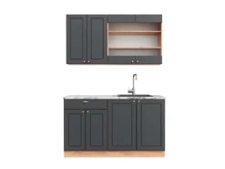 Vicco Fame-Line Singleküche Anthrazit Landhaus/Goldkraft Eiche 140 cm AP Marmor ohne E-Geräte
