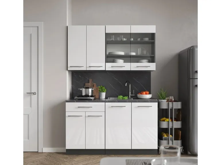 Vicco Fame-Line Singleküche Weiß Hochglanz/Anthrazit 140 cm AP Eiche ohne E-Geräte