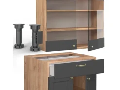 Vicco Fame-Line Singleküche Anthrazit Landhaus/Goldkraft Eiche 140 cm ohne Arbeitsplatte ohne E-Geräte