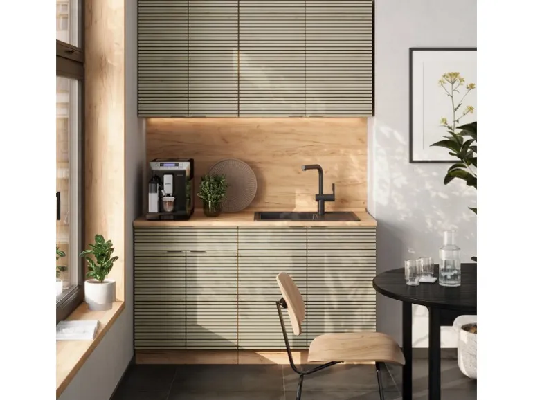 Vicco Fame-Line Singleküche Eiche Paneel/Goldkraft Eiche 140 cm AP Marmor ohne E-Geräte