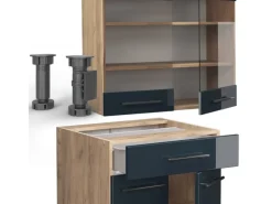 Vicco Fame-Line Singleküche Dunkelblau Hochglanz/Goldkraft Eiche 140 cm AP Anthrazit ohne E-Geräte