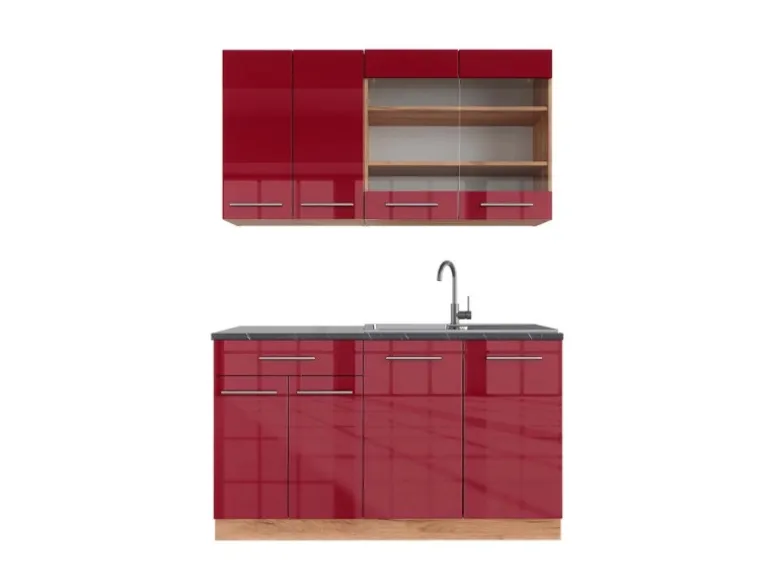 Vicco Fame-Line Singleküche Bordeaux Hochglanz/Goldkraft Eiche 140 cm AP Anthrazit ohne E-Geräte