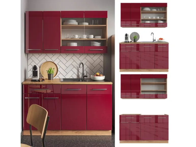 Vicco Fame-Line Singleküche Bordeaux Hochglanz/Goldkraft Eiche 140 cm AP Anthrazit ohne E-Geräte