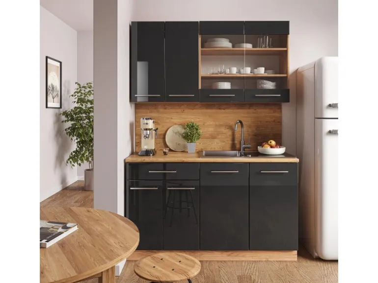 Vicco Fame-Line Singleküche Anthrazit Hochglanz/Goldkraft Eiche 140 cm AP Eiche ohne E-Geräte
