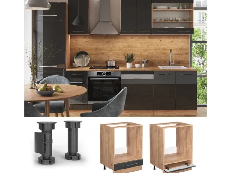 Vicco Herdumbauschrank Fame-Line Anthrazit Hochglanz/Goldkraft Eiche 60 cm ohne Arbeitsplatte