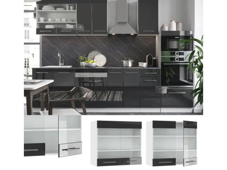 Vicco Küchenglasschrank Fame-Line Glashängeschrank Anthrazit Hochglanz/Weiß 80 cm