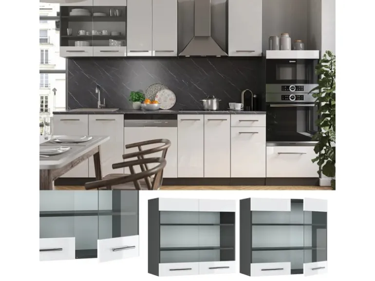 Vicco Küchenglasschrank Fame-Line Glashängeschrank Weiß Hochglanz/Anthrazit 80 cm