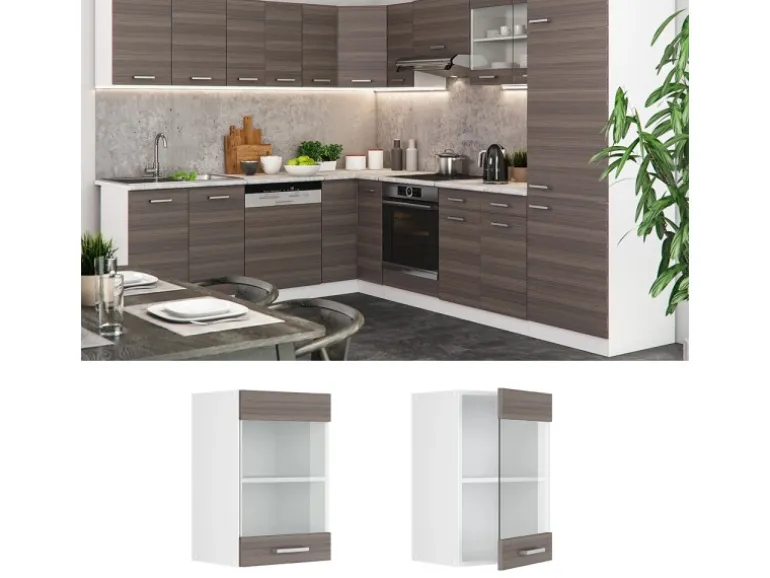 Vicco Küchenglasschrank R-Line Glashängeschrank Grau/Weiß 40 cm
