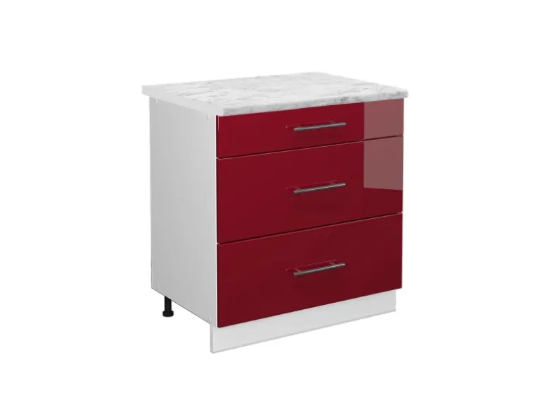 Vicco Küchenunterschrank Fame-Line Bordeaux Hochglanz/Weiß 80 cm mit 3 Schubladen AP Marmor