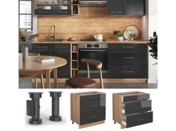 Vicco Küchenunterschrank Fame-Line Anthrazit Hochglanz/Goldkraft Eiche 80 cm mit 3 Schubladen AP Eiche
