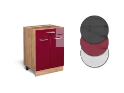 Vicco Küchenunterschrank R-Line Bordeaux Hochglanz/Goldkraft Eiche 60 cm mit Schublade AP Eiche