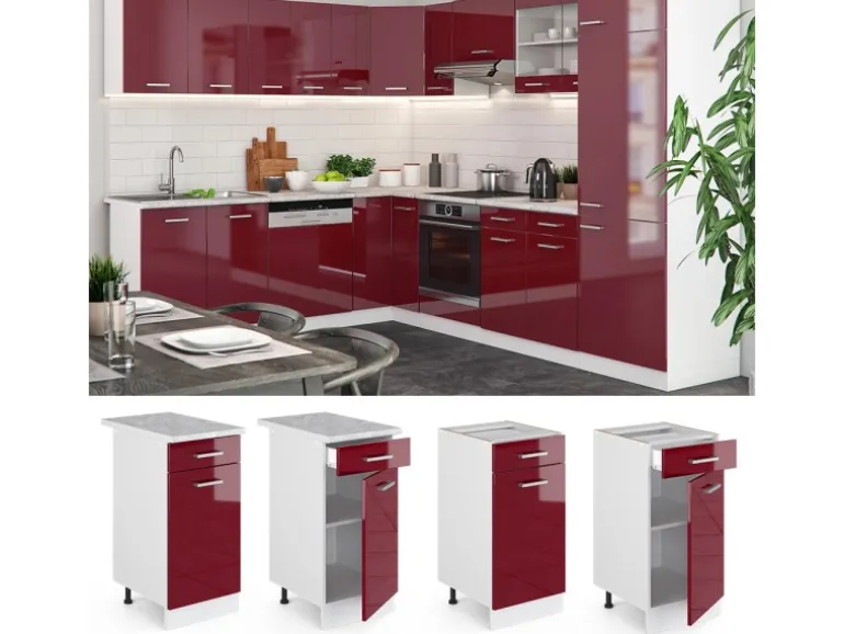 Vicco Küchenunterschrank R-Line Bordeaux Hochglanz/Weiß 40 cm AP Marmor