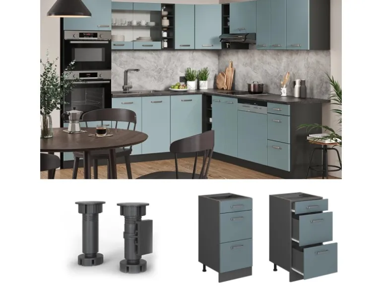 Vicco Küchenunterschrank R-Line Blau-Grau/Anthrazit 40 cm mit Schubladen AP Eiche