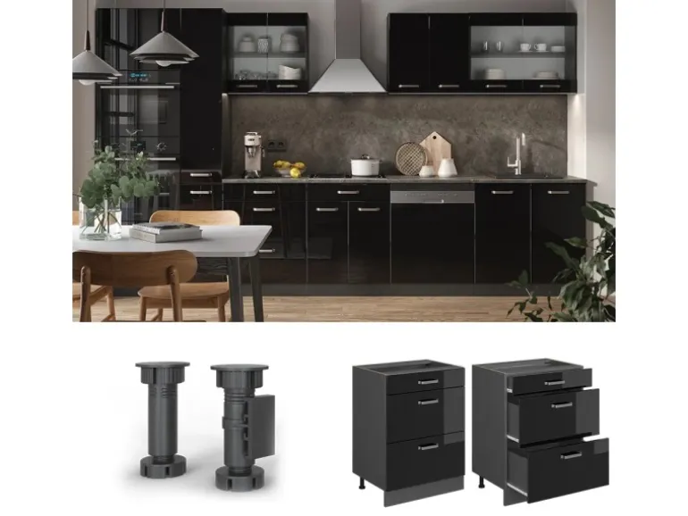 Vicco Küchenunterschrank R-Line Schwarz Hochglanz/Anthrazit 60 cm mit Schubladen AP Anthrazit