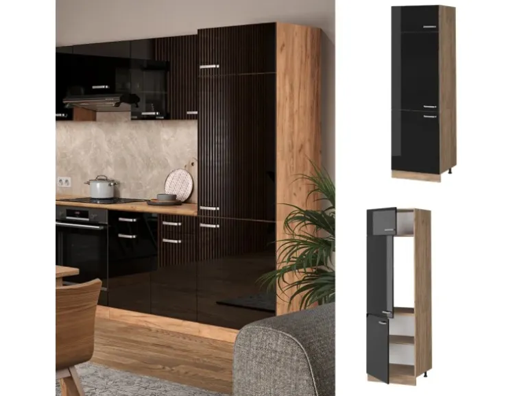 Vicco Kühlumbauschrank R-Line Schwarz Hochglanz/Goldkraft Eiche 60 cm