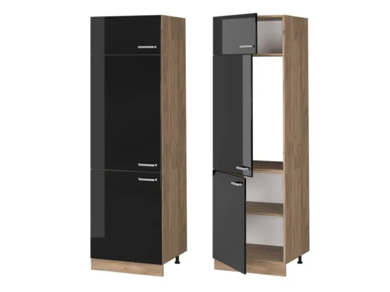 Vicco Kühlumbauschrank R-Line Schwarz Hochglanz/Goldkraft Eiche 60 cm
