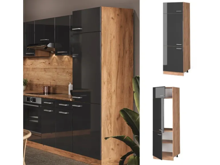 Vicco Kühlumbauschrank R-Line Anthrazit Hochglanz/Goldkraft Eiche 60 cm