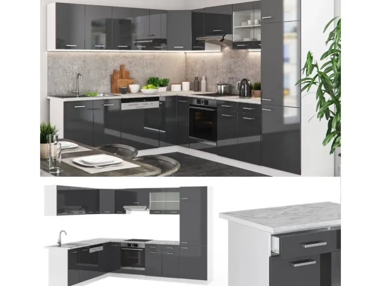Vicco R-Line Eckküche Anthrazit Hochglanz/Weiß 227 x 287 cm AP Marmor ohne E-Geräte