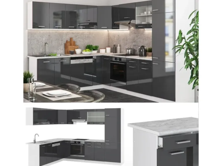 Vicco R-Line Eckküche Anthrazit Hochglanz/Weiß 227 x 287 cm AP Anthrazit ohne E-Geräte