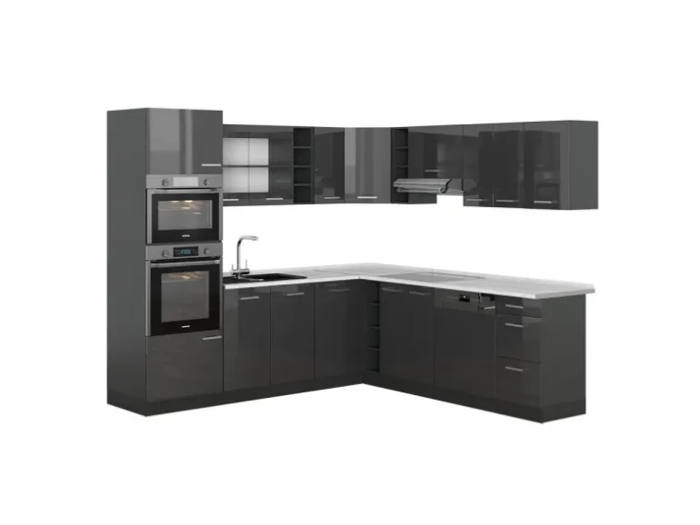 Vicco R-Line Eckküche Anthrazit Hochglanz/Anthrazit 237 x 247 cm AP Marmor ohne E-Geräte