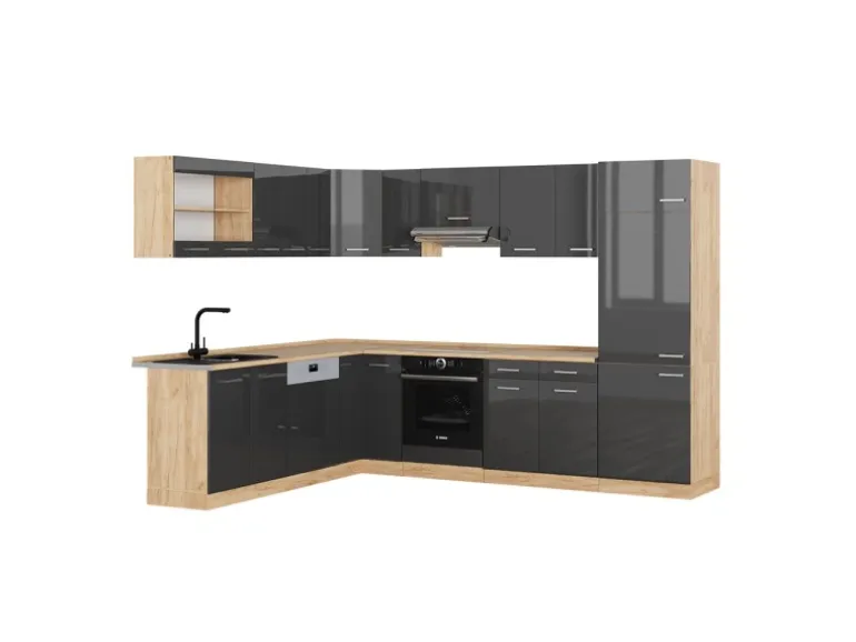 Vicco R-Line Eckküche Anthrazit Hochglanz/Goldkraft Eiche 227 x 287 cm ohne Arbeitsplatte ohne E-Geräte