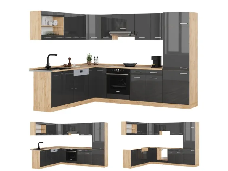 Vicco R-Line Eckküche Anthrazit Hochglanz/Goldkraft Eiche 227 x 287 cm ohne Arbeitsplatte ohne E-Geräte