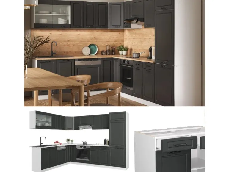 Vicco R-Line Eckküche Anthrazit Landhaus/Weiß 227 x 287 cm ohne Arbeitsplatte ohne E-Geräte