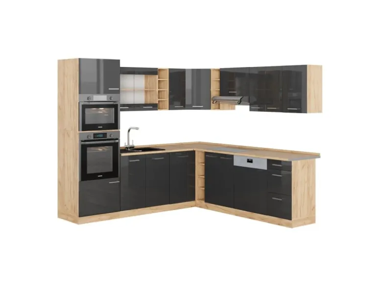 Vicco R-Line Eckküche Anthrazit Hochglanz/Goldkraft Eiche 237 x 247 cm AP Eiche ohne E-Geräte