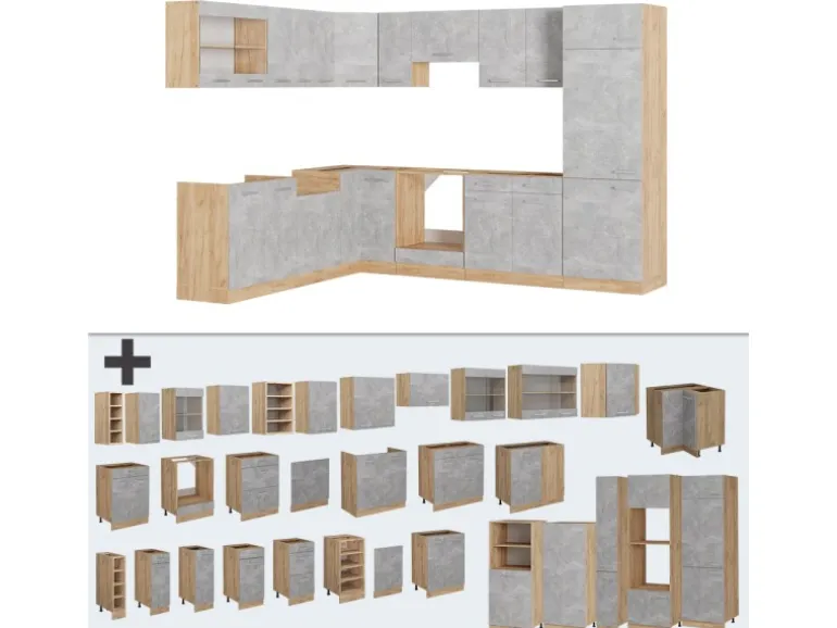 Vicco R-Line Eckküche Beton/Goldkraft Eiche 227 x 287 cm AP Marmor ohne E-Geräte