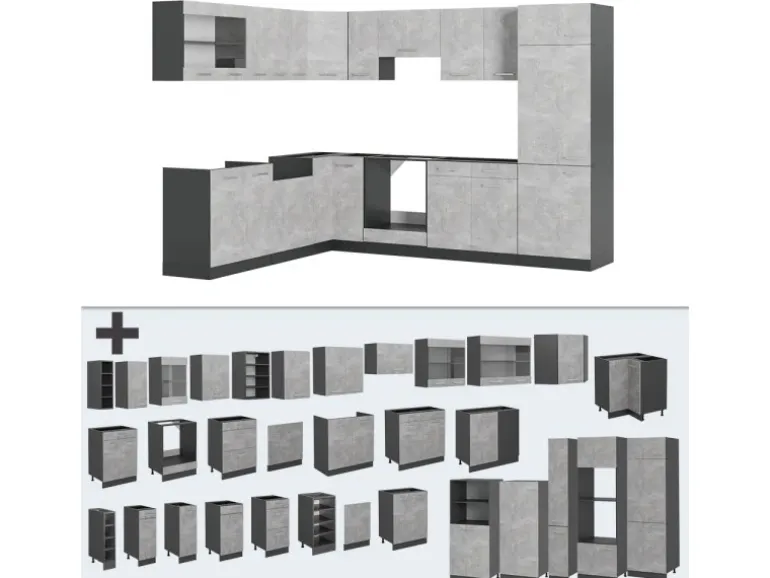 Vicco R-Line Eckküche Beton/Anthrazit 227 x 287 cm ohne Arbeitsplatte ohne E-Geräte