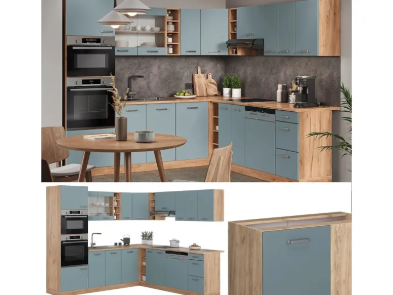 Vicco R-Line Eckküche Blau-Grau/Goldkraft Eiche 237 x 247 cm AP Anthrazit ohne E-Geräte
