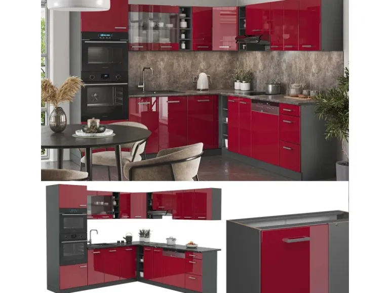 Vicco R-Line Eckküche Bordeaux Hochglanz/Anthrazit 237 x 247 cm AP Anthrazit ohne E-Geräte