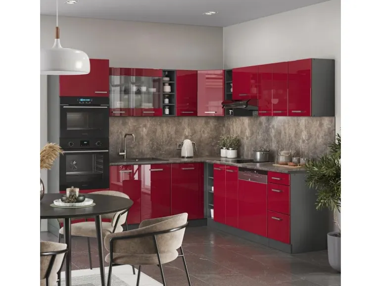 Vicco R-Line Eckküche Bordeaux Hochglanz/Anthrazit 237 x 247 cm AP Eiche ohne E-Geräte