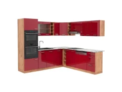Vicco R-Line Eckküche Bordeaux Hochglanz/Goldkraft Eiche 237 x 247 cm AP Marmor ohne E-Geräte