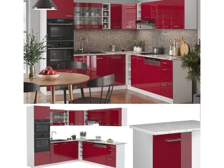 Vicco R-Line Eckküche Bordeaux Hochglanz/Weiß 237 x 247 cm AP Eiche ohne E-Geräte