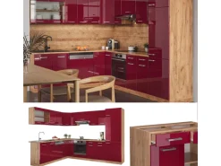 Vicco R-Line Eckküche Bordeaux Hochglanz/Goldkraft Eiche 227 x 287 cm ohne Arbeitsplatte ohne E-Geräte