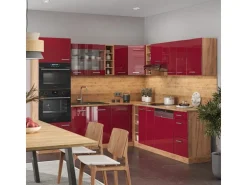 Vicco R-Line Eckküche Bordeaux Hochglanz/Goldkraft Eiche 237 x 247 cm AP Eiche ohne E-Geräte
