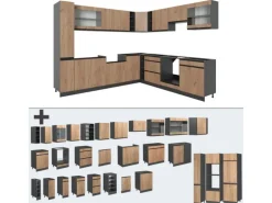 Vicco R-Line Eckküche Goldkraft Eiche 257 x 60 cm J-Shapeohne Arbeitsplatte ohne E-Geräte