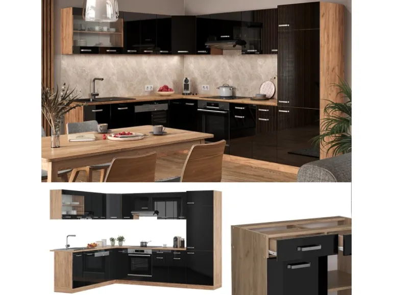 Vicco R-Line Eckküche Schwarz Hochglanz/Goldkraft Eiche 227 x 287 cm AP Eiche ohne E-Geräte