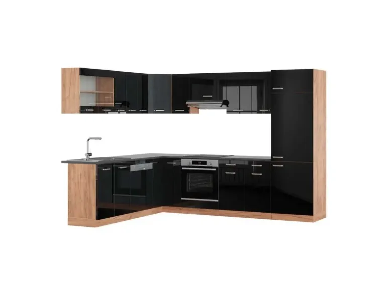 Vicco R-Line Eckküche Schwarz Hochglanz/Goldkraft Eiche 227 x 287 cm AP Anthrazit ohne E-Geräte
