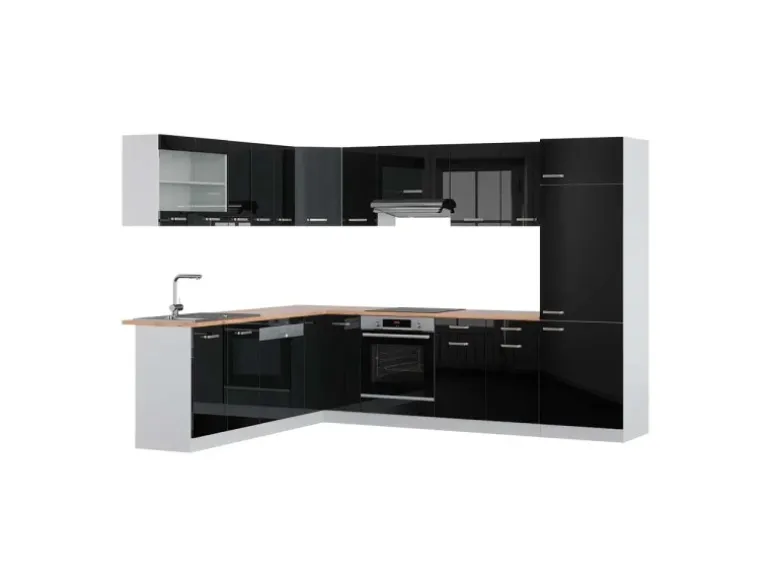 Vicco R-Line Eckküche Schwarz Hochglanz/Weiß 227 x 287 cm AP Eiche ohne E-Geräte