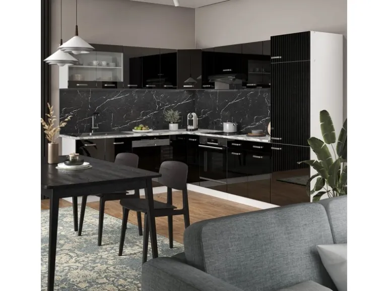 Vicco R-Line Eckküche Schwarz Hochglanz/Weiß 227 x 287 cm AP Eiche ohne E-Geräte