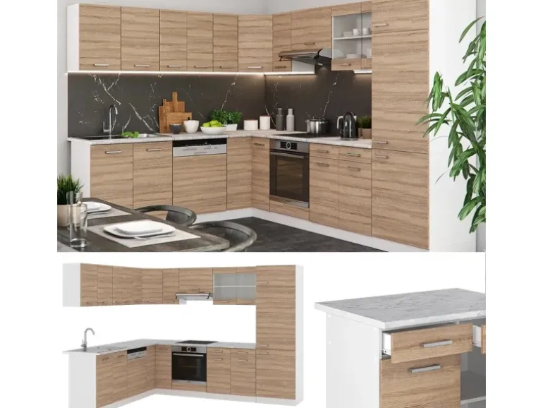 Vicco R-Line Eckküche Sonoma 227 x 287 cm AP Marmor ohne E-Geräte